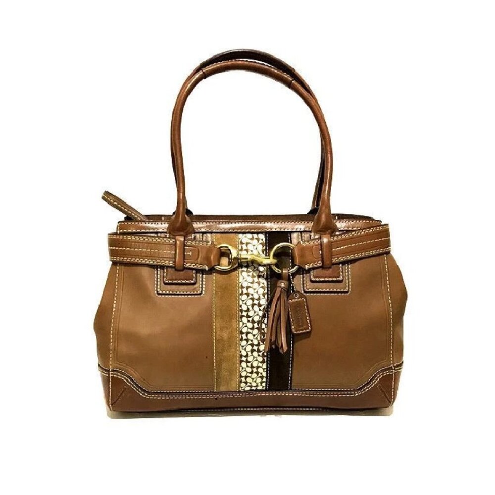 Coach Hamptons Camel Tan Leather Stripe  Carryall Business Tote Bag